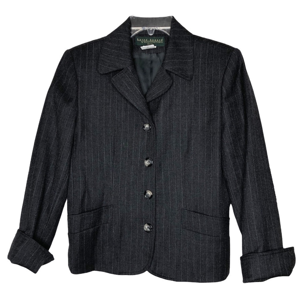 HARVE BENARD - 100% Wool Gray Pinstripe Button Front Cuffed Blazer - Size 10P